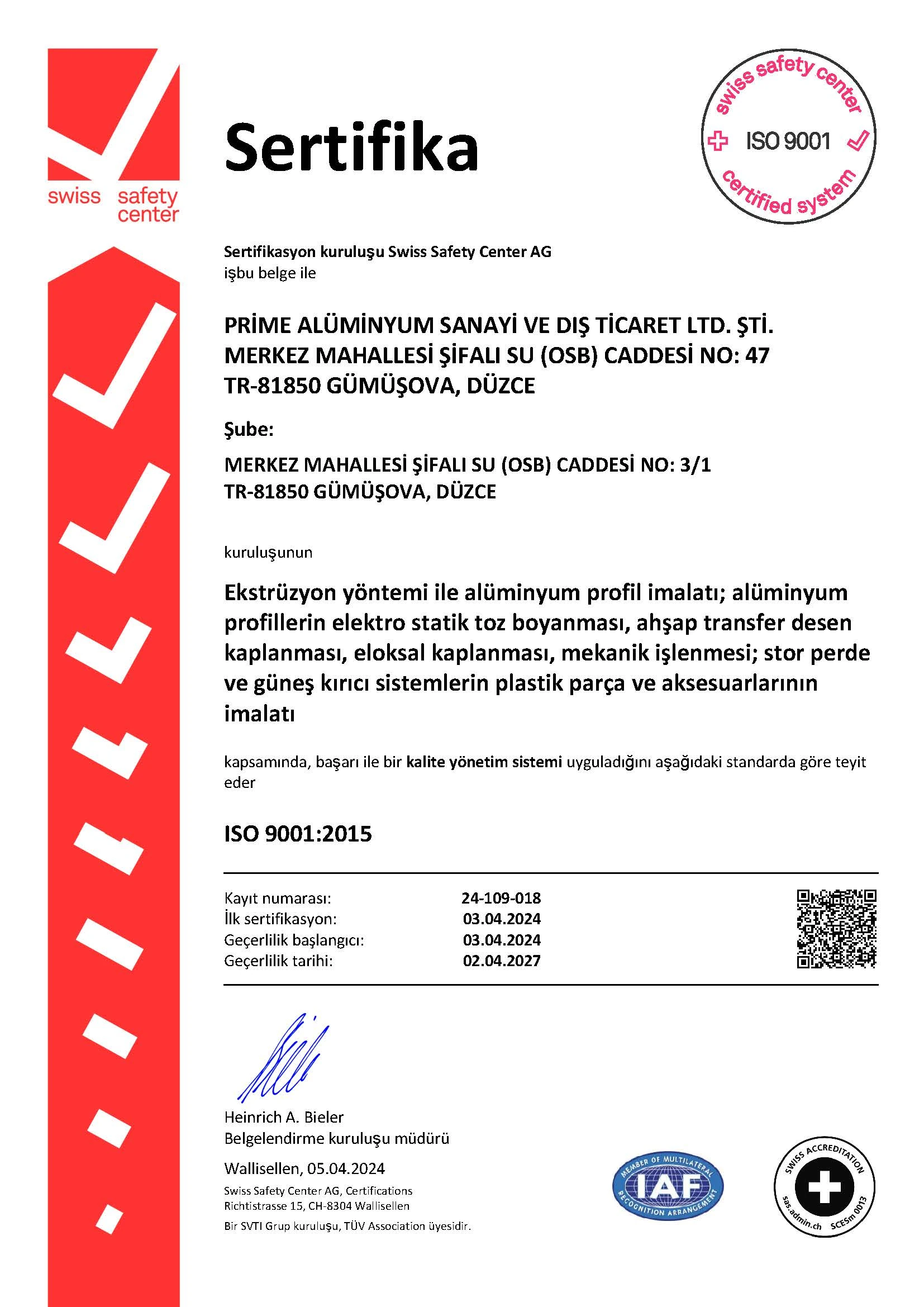 ISO 9001 Quality Management System Certificate